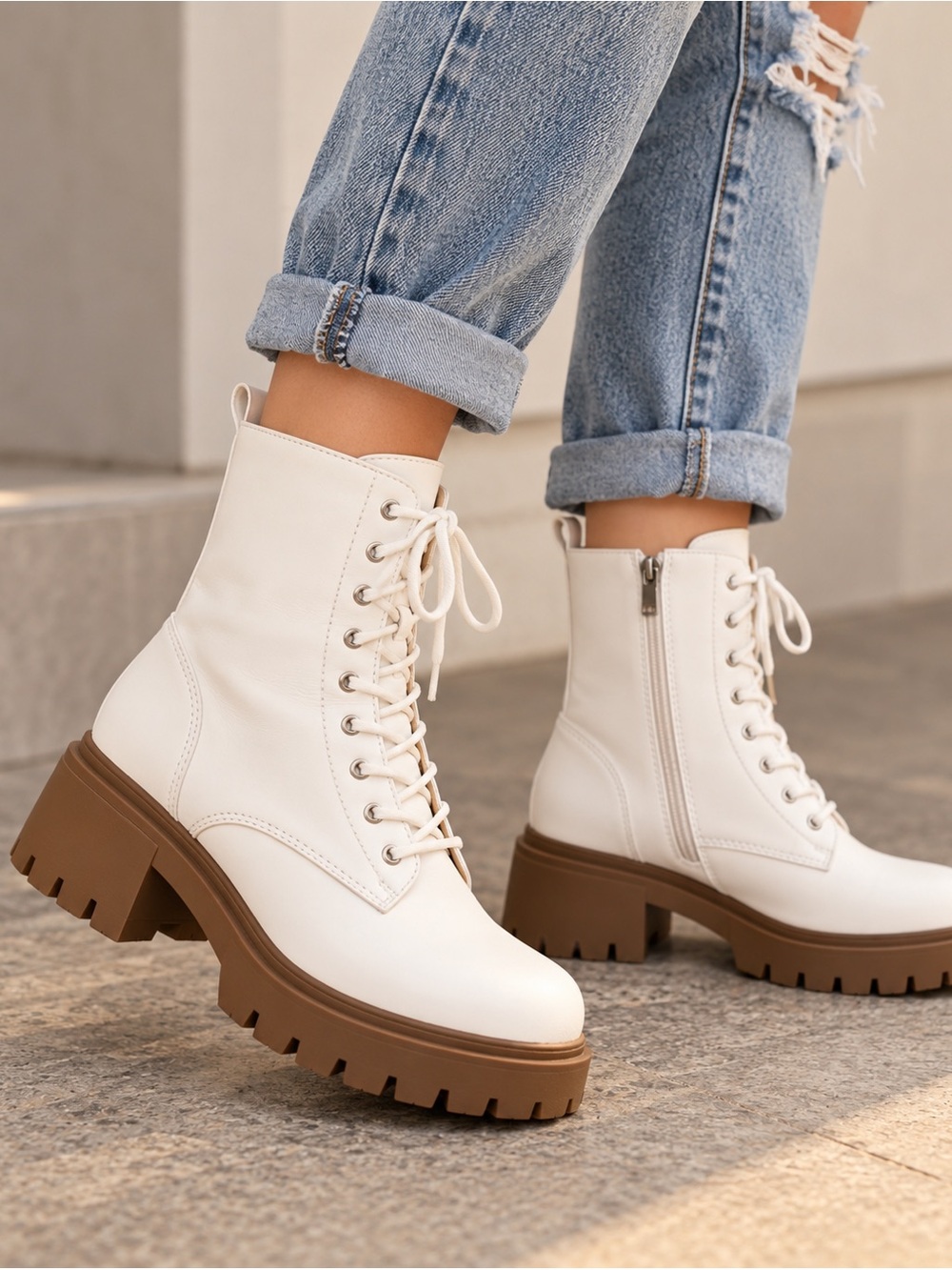 Dirty Laundry NEWZ Womens 7 White Lace-Up Combat Ankle Boots Lug Sole Zip